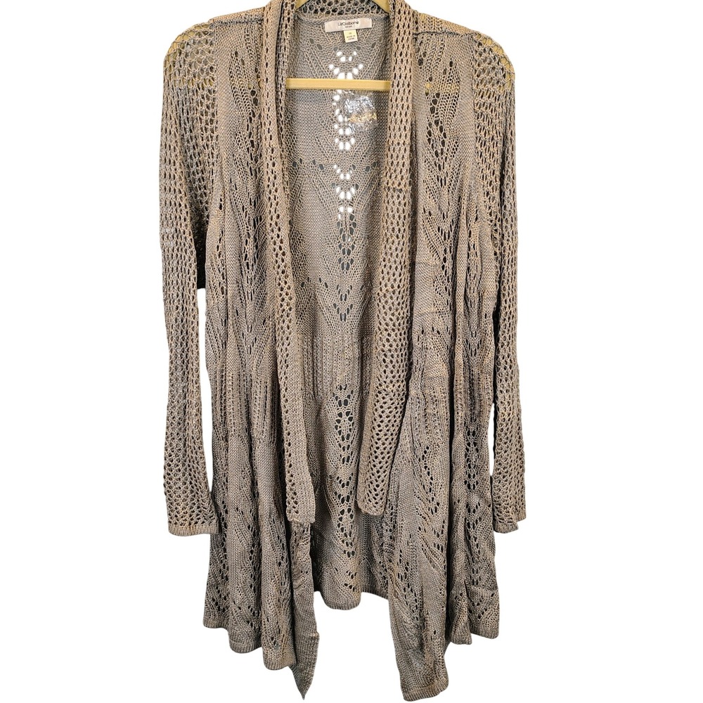 NWT Liz Claiborne Womens 1X Open Front Crochet Cardigan Taupe Pointelle Boho